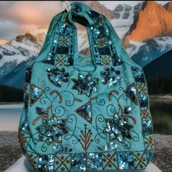 Embellished Teal Tote Bag - Picture 4 of 4